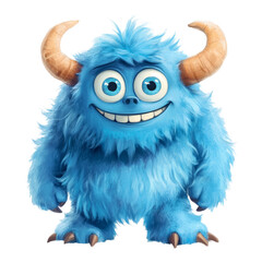 Naklejka premium A cheerful blue furry monster with horns stands proudly on a transparent background, Blue Furry Monster with Horns Cartoon on transparent background