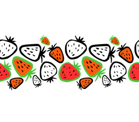 Juicy strawberries and watermelon in an animated style, large berries on a white background, a smooth pattern, a seamless border.