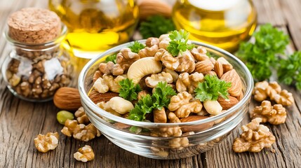 Fototapeta premium Healthy mix of nuts and seeds in a glass bowl.