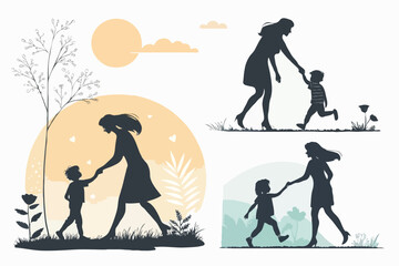 "Mother’s Day Silhouette Vector of Pregnant Woman with Baby Bump, Heart, and Family Love – Motherhood Illustration for Greeting Cards and Emotional Design"