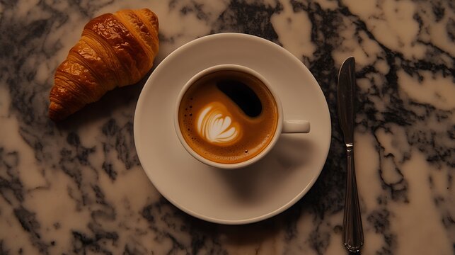 A still life arrangement of coffee and pastry on a marble surface.