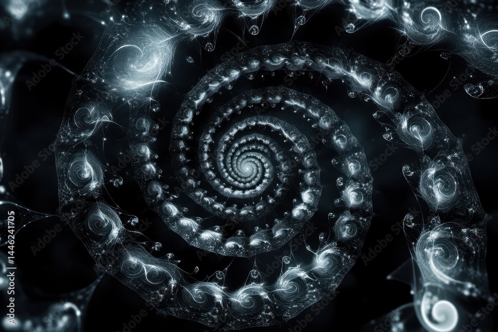 Poster Intricate spirals and network of connections on a dark background creating a mesmerizing visual effect, spirals and network of connections on black background