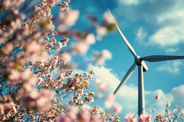 Vibrant wind turbine spins amidst blossoming cherry trees against a clear blue sky, wind turbine spinning against the background of a flowering tree