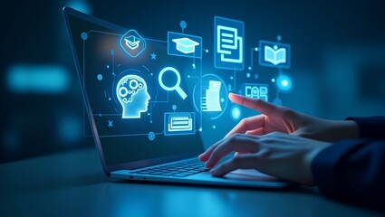 businessman hand with laptop,A high-tech digital scene showing a person interacting with floating holographic AI and education icons, symbolizing futuristic learning, smart data, and modern technology