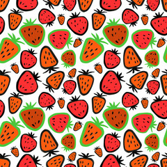 Juicy strawberries and watermelon in a cartoon style, large berries on a white background, a seamless pattern.