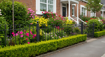Picturesque Home With Blooming Flowerbed And Ornamental Iron Fence On A Sunny Day