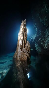 Underwater speleothem stands in subterranean cave with turquoise water illuminated by light filtering through rock formations.