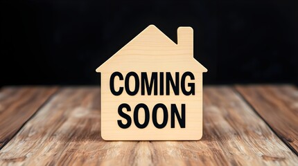 a wooden sign with a house shape with coming soon written on it, placed on wooden table, space for copy