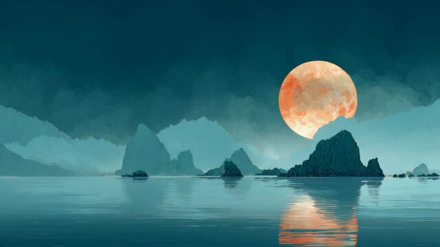 An aesthetic digital art scene features a large orange moon rising above a tranquil blue sea with distant mountains and islands
