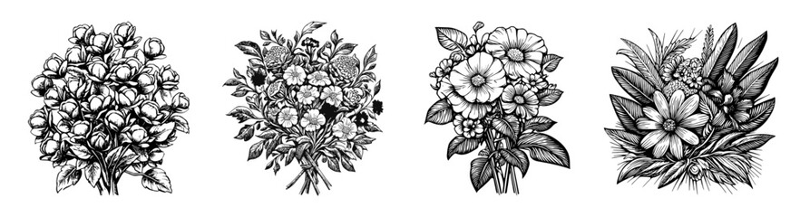 Elegant Black and White Floral Illustrations for Art and Design