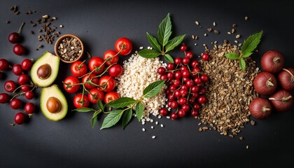 Healthy plant-based ingredients including avocado, tomatoes, grains, cranberries and herbs arranged on black background, clean eating and nutrition concept
