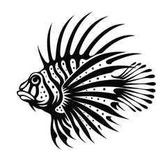 Lionfish Monochrome Black Spikes, Striped Body, Fin Pattern, Underwater