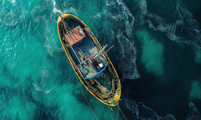 Aerial view of an old fishing vessel sailing through clear turquoise waters for International Day for the Fight against Illegal, Unreported and Unregulated Fishing 