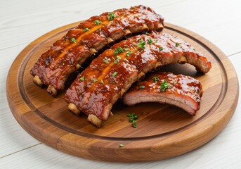 Delicious glazed ribs served on a wooden platter with a white wooden background in a studio shot