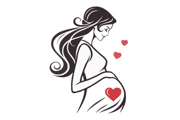 Mother’s Day Silhouette Vector of Pregnant Woman with Baby Bump, Heart, and Family Love – Motherhood Illustration for Greeting Cards and Emotional Design
