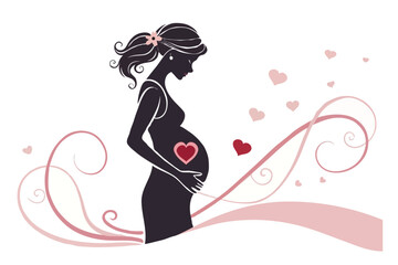 Mother’s Day Silhouette Vector of Pregnant Woman with Baby Bump, Heart, and Family Love – Motherhood Illustration for Greeting Cards and Emotional Design