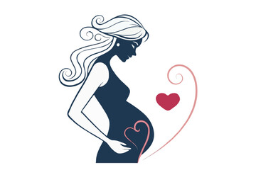 Mother’s Day Silhouette Vector of Pregnant Woman with Baby Bump, Heart, and Family Love – Motherhood Illustration for Greeting Cards and Emotional Design