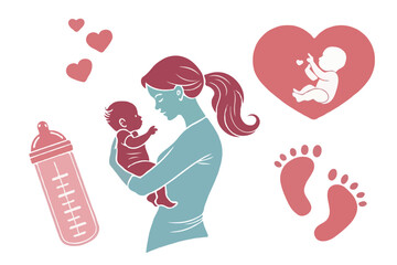 Mother’s Day Silhouette Vector of Pregnant Woman with Baby Bump, Heart, and Family Love – Motherhood Illustration for Greeting Cards and Emotional Design