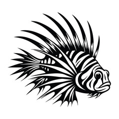 Black and White Lionfish Silhouette, Isolated Tropical Fish Illustration, Marine Life Art