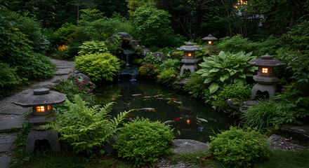 Serene Zen Garden With Pond Lanterns and Lush Greenery Ambiance