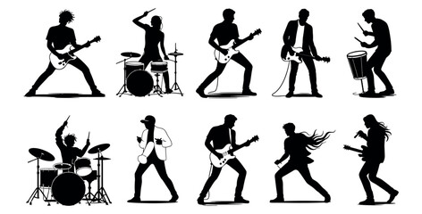 Silhouettes of rock band musicians playing instruments including guitar, drums, and mic, energetic concert performance vector illustration on white background