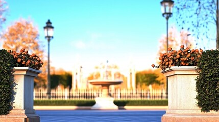 Naklejka premium Beautiful garden scene featuring vibrant flowers and a fountain under clear skies