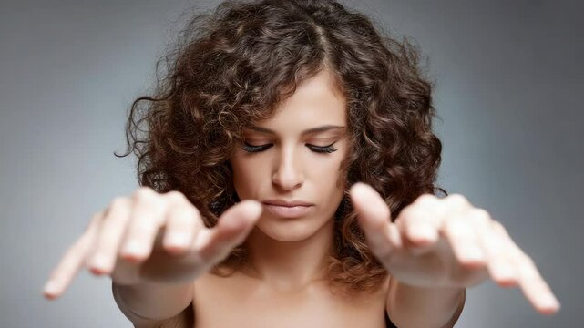 Young woman with curly hair and false eyelashes extending her hands towards the viewer in a studio setting with neutral background