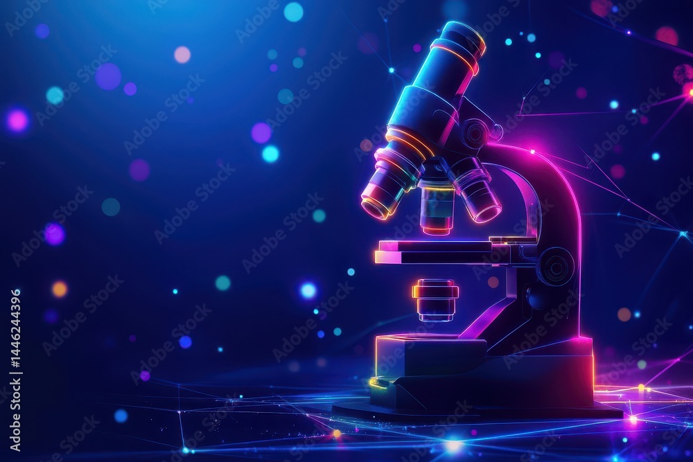 Poster microscope icon with vibrant neon lines on a dark blue background creating a modern scientific aesth