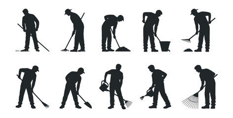 Set of silhouettes of workers performing cleaning and maintenance tasks with brooms, mops, and tools, vector illustration on white background