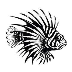 Isolated Monochrome Lionfish Art Sea Creature, Spikes, Underwater, Wild Black and White