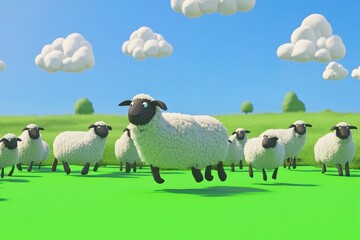 Fototapeta premium Counting jumping sheep in a vibrant green field under a sunny sky with fluffy clouds, Counting Sheep that Jumping on a field cartoon on green screen ready for chromakey