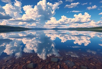 Serene anime lake, clouds mirrored perfectly on still water, vibrant colors, white, photo