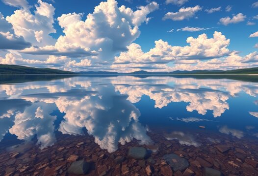 Serene anime lake, clouds mirrored perfectly on still water, vibrant colors, white, photo