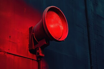 Red alarm siren mounted on a wall signals emergency situation in an urban environment during nighttime, Red alarm siren