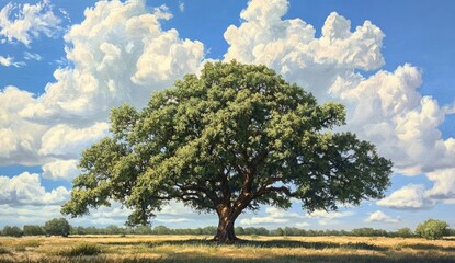 Obraz premium Majestic oak tree in a golden field under a vibrant sky. Large, leafy tree stands in a flat, golden field. Fluffy white clouds against a bright blue sky