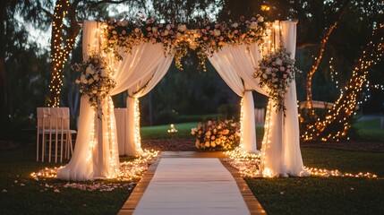 Elegant outdoor wedding ceremony archway at twilight.