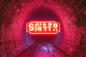 Glitch effect on game start banner illuminated in neon red inside a dark tunnel, glitch effect over game start text banner against neon red tunnel in seamless pattern