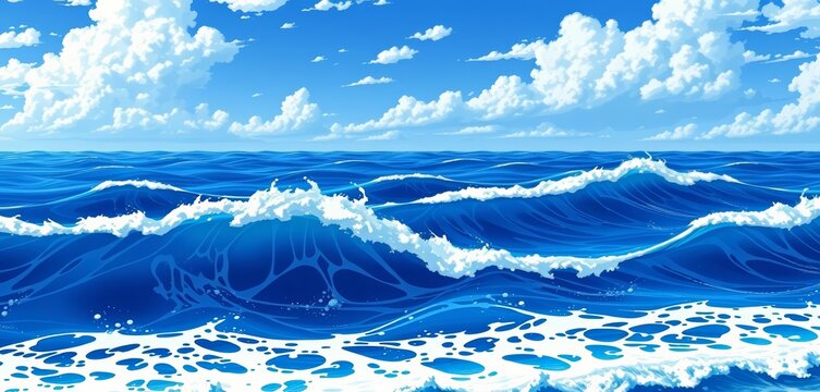 Stylized anime ocean scene; deep blue waves, white seafoam, stylized sky, art, wave