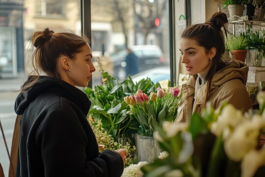 Female customer inquiring about flowers with a florist in a local shop during the day, female customer asking questions to a florist in a flower shop
