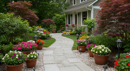 Fototapeta premium Idyllic Stone Pathway Through Lush Green Garden Leading To Cozy Home