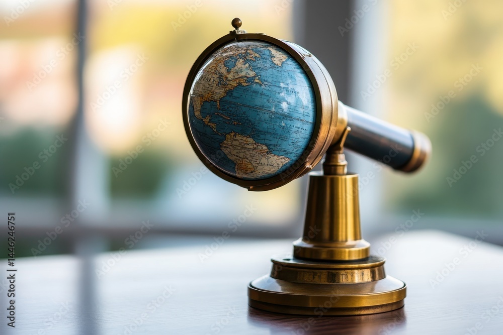 Poster scope scanning over a globe with global connections visible in a modern environment, scope scanning 