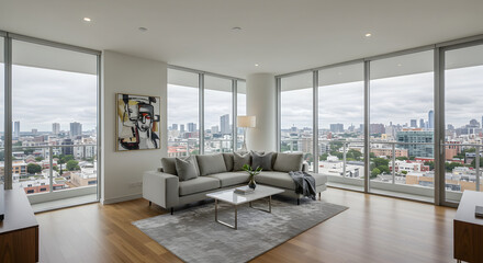 Fototapeta premium Contemporary Condo Interior With Panoramic Skyline View And Stylish Furnishings