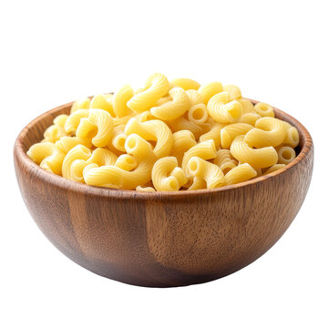 A wooden bowl filled with raw gomiti pasta showcasing its distinct shape and texture, Pile of raw Macaroni Gomiti Pasta in wood bowl isolated on transparent background