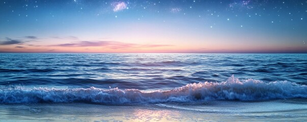 The ocean waves crash under the starry night sky at dusk