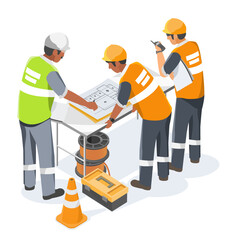 Fototapeta premium Construction foreman coordinating work plan with electrical technicians at job site using blueprints and equipment layout isometric cartoon