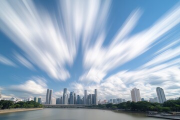 Fototapeta premium Stunning time lapse of Singapore skyline against dramatic cloud patterns, Time Lapse of the amazing Singapore skyline seen from along the Singapore River
