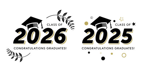 Congratulations to the graduating class of 2025 or 2026 in gold and black with college graduation caps for t-shirts, flyers and greeting cards