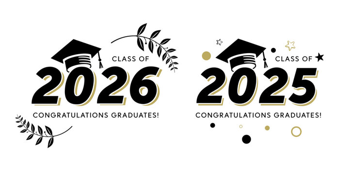 Congratulations to the graduating class of 2025 or 2026 in gold and black with college graduation caps for t-shirts, flyers and greeting cards