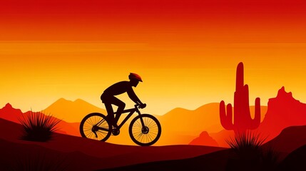 Obraz premium Cyclist rides bike along desert terrain silhouette during sunset, showcasing mountain silhouettes and arid vegetation.