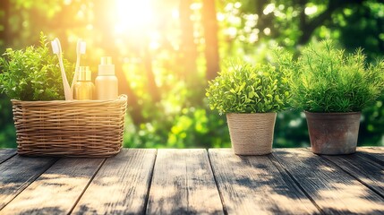 Natural outdoor setting with bathroom items on a wooden surface.
